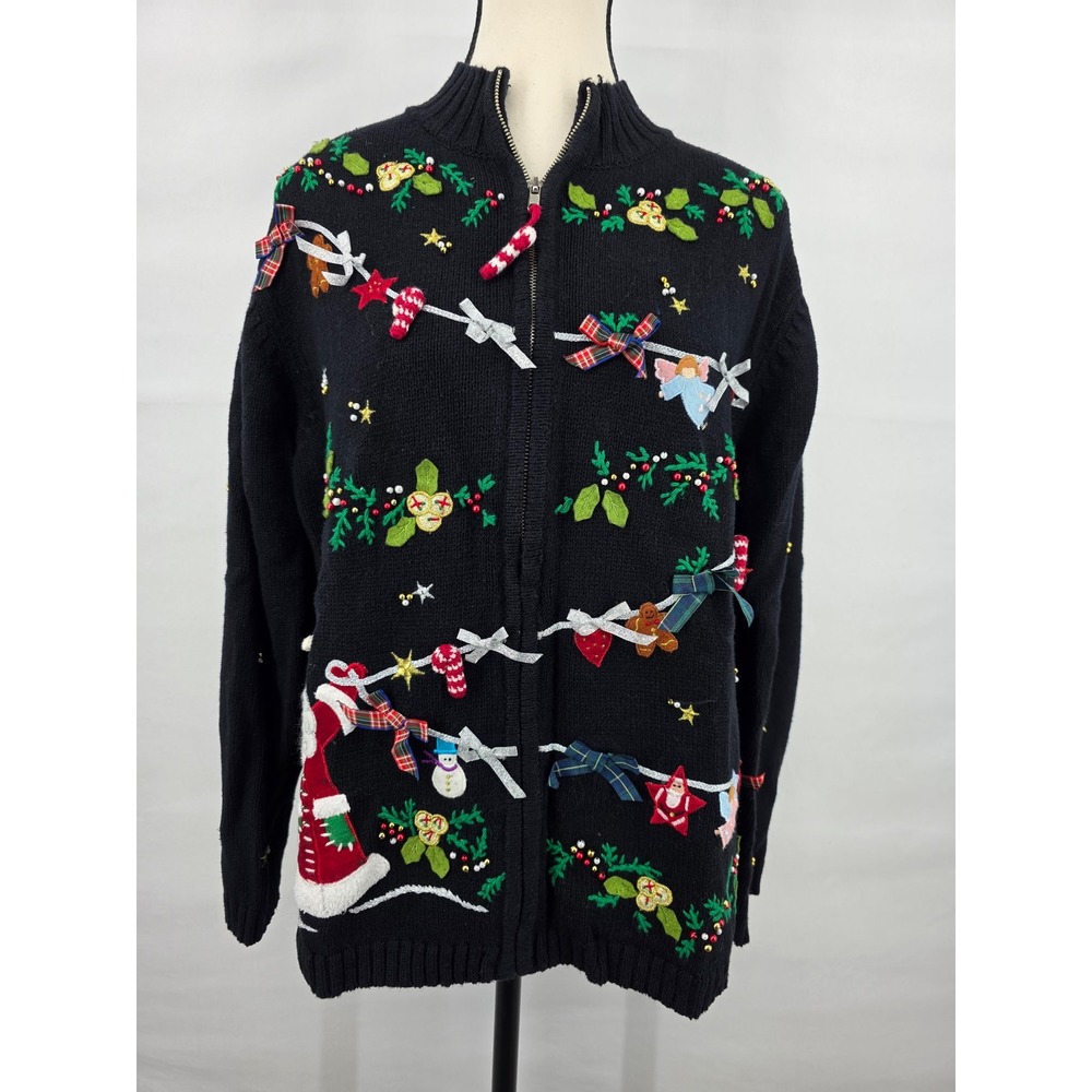 Designers Originals Studio Joy Christmas Sweater Zip Cardigan Black XL Holiday